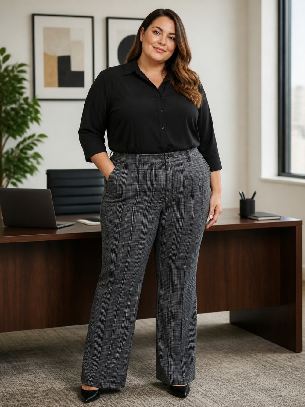 Old Navy Curvy Flare Glen Plaid Trousers – Grey/Black Checkers Size 20